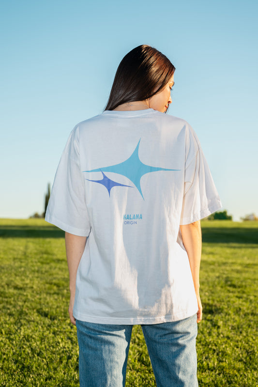Vista trasera camiseta KALANA con estrellas azul y morado - mujer